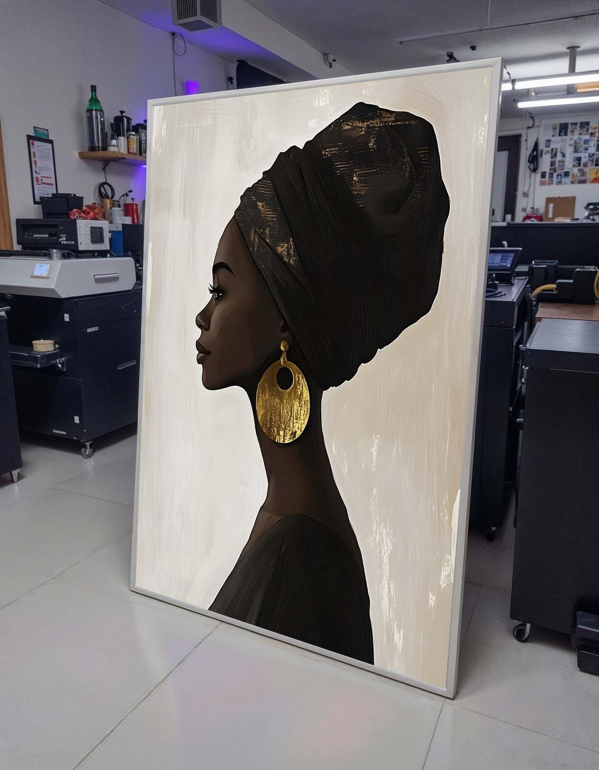Elegant Profile Silhouette, Afrocentric Woman Portrait, Gold Earring Art, Afro Canvas, Black Woman,Minimalist Wall Art,Ready to Hang Decor