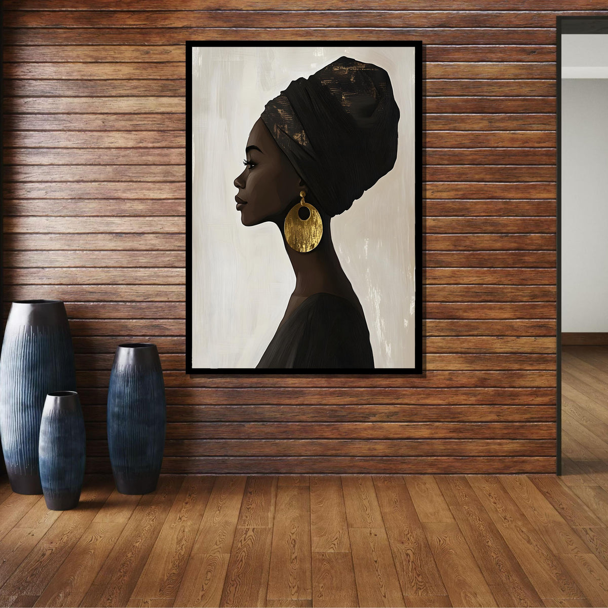 Elegant Profile Silhouette, Afrocentric Woman Portrait, Gold Earring Art, Afro Canvas, Black Woman,Minimalist Wall Art,Ready to Hang Decor