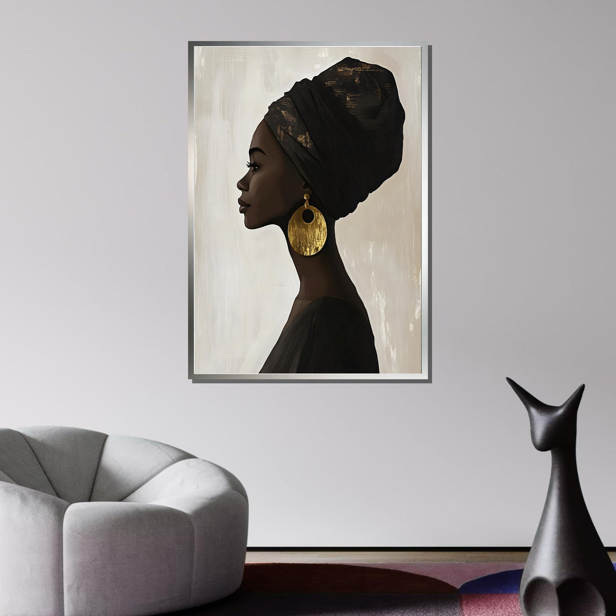 Elegant Profile Silhouette, Afrocentric Woman Portrait, Gold Earring Art, Afro Canvas, Black Woman,Minimalist Wall Art,Ready to Hang Decor