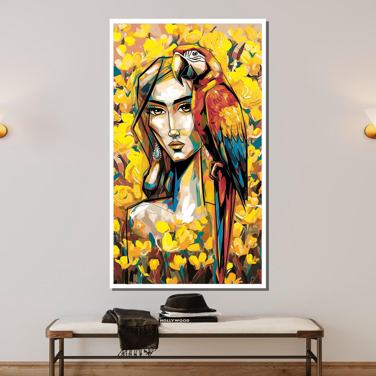 Tropical Woman with Parrot Art, Vibrant Yellow Flowers Canvas, Modern Colorful Wall Decor, Abstract Portrait, Ready to Hang Artwork