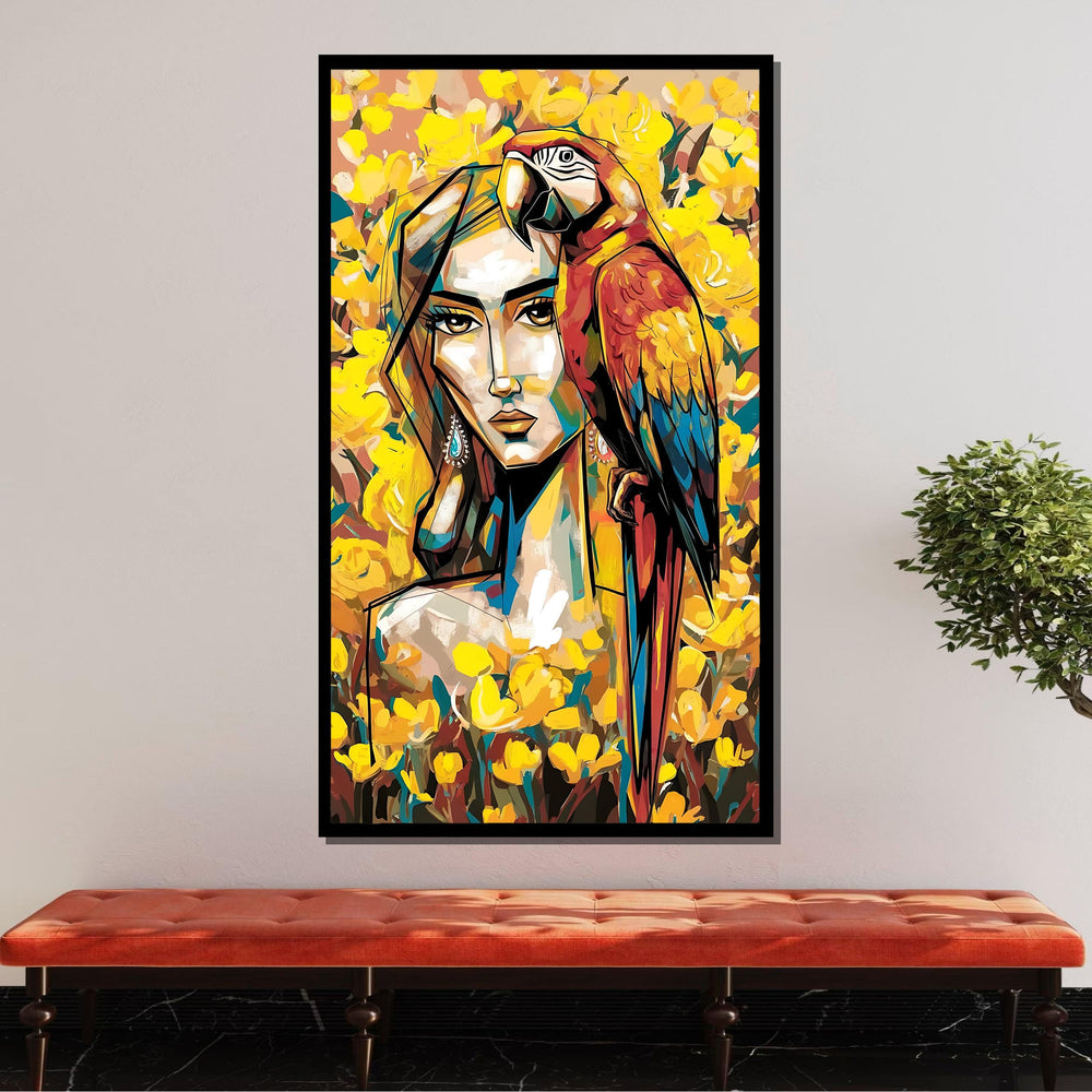 Tropical Woman with Parrot Art, Vibrant Yellow Flowers Canvas, Modern Colorful Wall Decor, Abstract Portrait, Ready to Hang Artwork