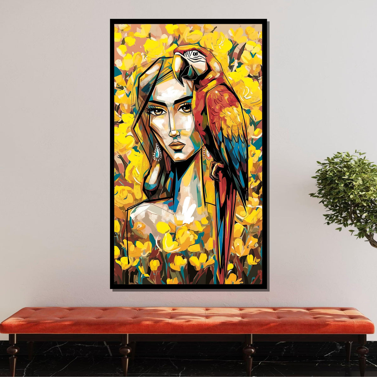 Tropical Woman with Parrot Art, Vibrant Yellow Flowers Canvas, Modern Colorful Wall Decor, Abstract Portrait, Ready to Hang Artwork
