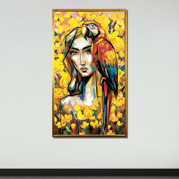 Tropical Woman with Parrot Art, Vibrant Yellow Flowers Canvas, Modern Colorful Wall Decor, Abstract Portrait, Ready to Hang Artwork
