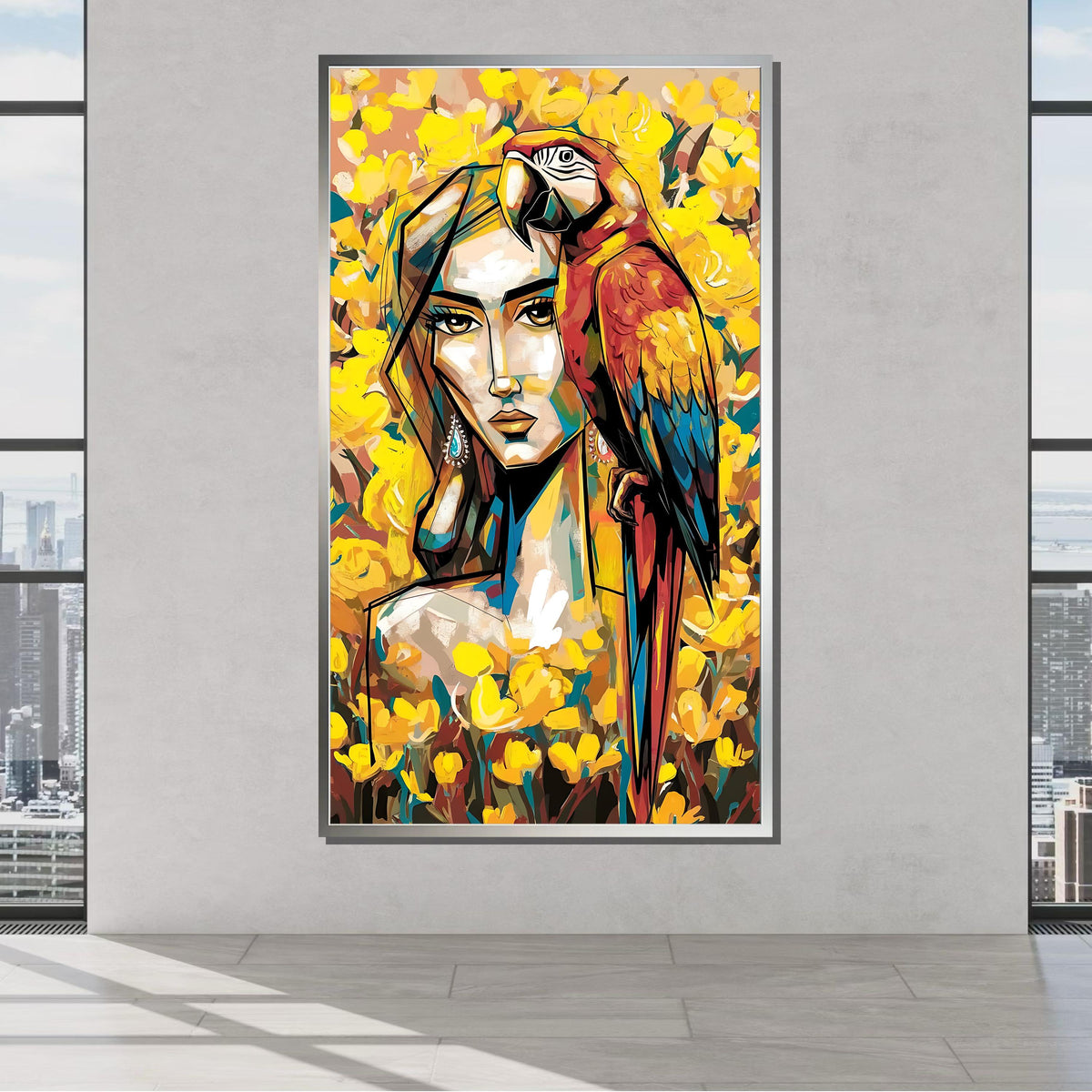 Tropical Woman with Parrot Art, Vibrant Yellow Flowers Canvas, Modern Colorful Wall Decor, Abstract Portrait, Ready to Hang Artwork