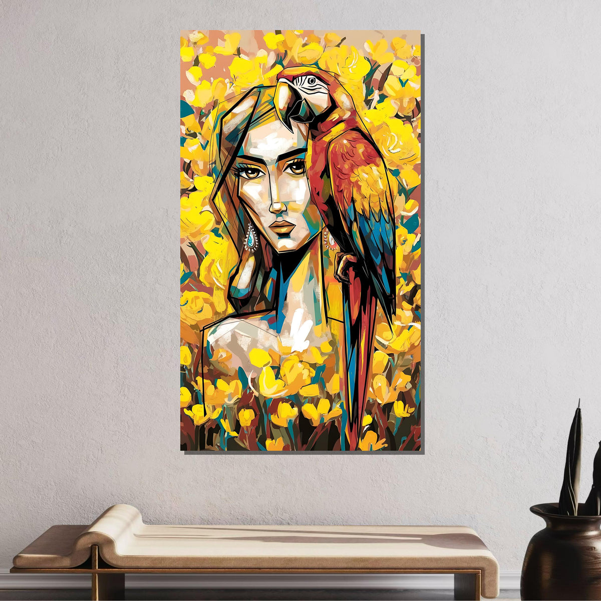 Tropical Woman with Parrot Art, Vibrant Yellow Flowers Canvas, Modern Colorful Wall Decor, Abstract Portrait, Ready to Hang Artwork
