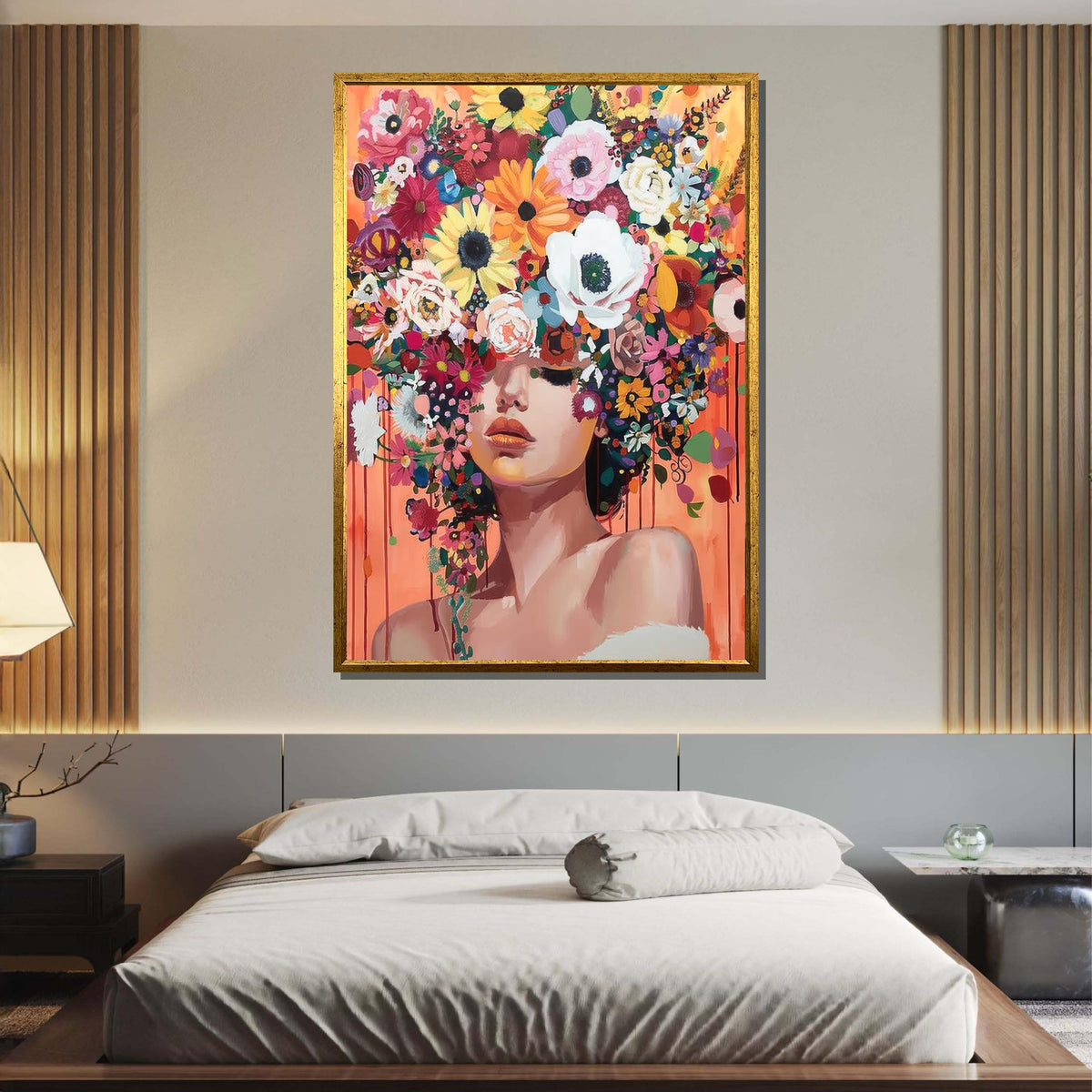 Floral Beauty Portrait, Colorful Flower Crown Wall Art, Flower Wall Art, Modern Abstract Canvas, Vibrant Home Decor, Ready to Hang Artwork