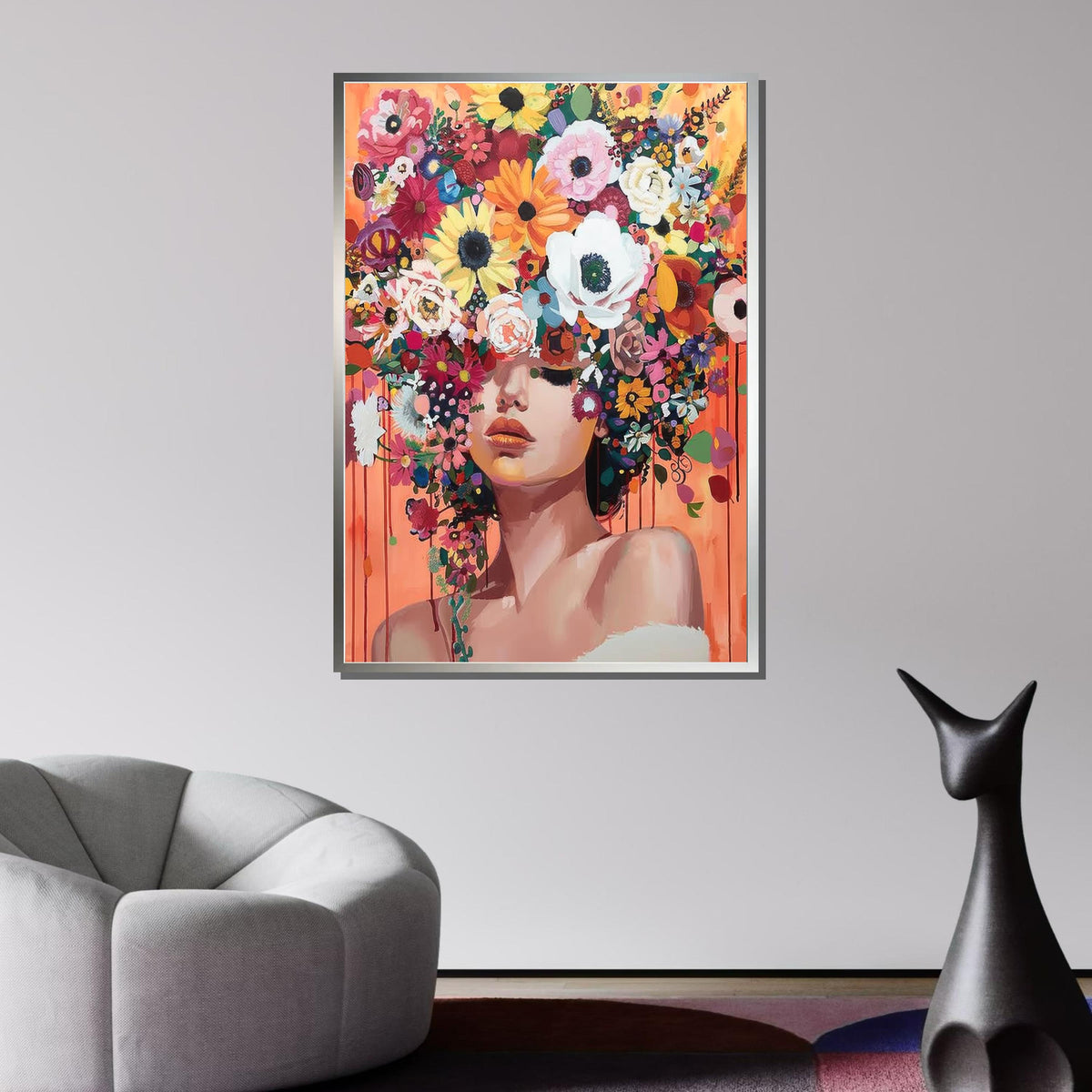 Floral Beauty Portrait, Colorful Flower Crown Wall Art, Flower Wall Art, Modern Abstract Canvas, Vibrant Home Decor, Ready to Hang Artwork