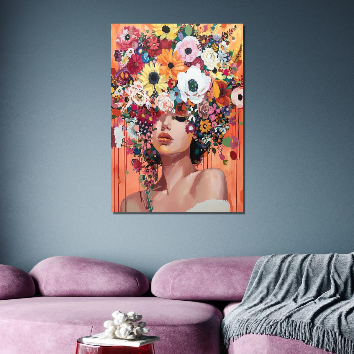 Floral Beauty Portrait, Colorful Flower Crown Wall Art, Flower Wall Art, Modern Abstract Canvas, Vibrant Home Decor, Ready to Hang Artwork