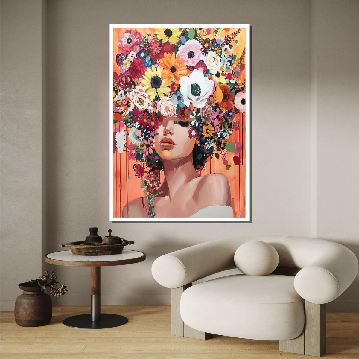 Floral Beauty Portrait, Colorful Flower Crown Wall Art, Flower Wall Art, Modern Abstract Canvas, Vibrant Home Decor, Ready to Hang Artwork