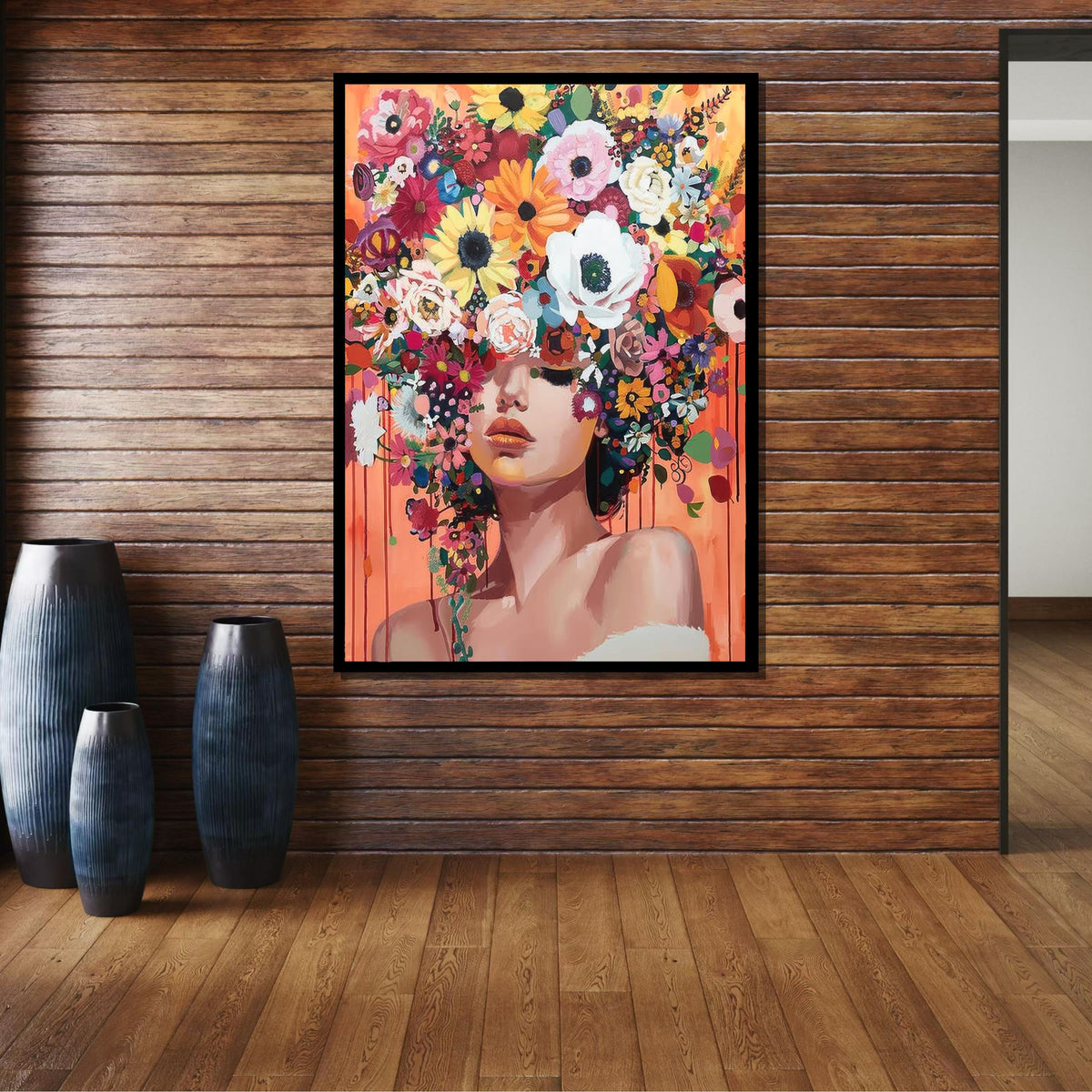 Floral Beauty Portrait, Colorful Flower Crown Wall Art, Flower Wall Art, Modern Abstract Canvas, Vibrant Home Decor, Ready to Hang Artwork