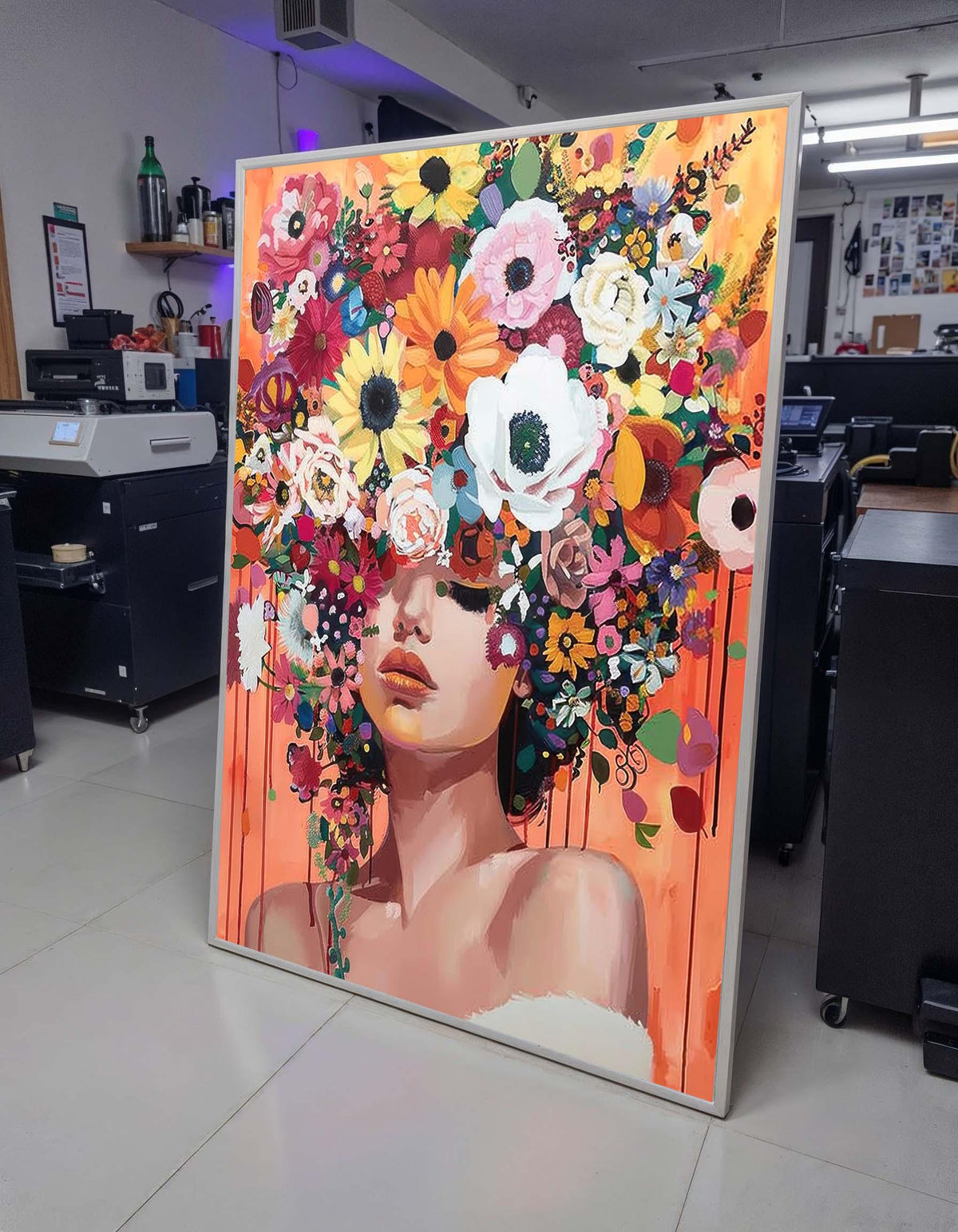 Floral Beauty Portrait, Colorful Flower Crown Wall Art, Flower Wall Art, Modern Abstract Canvas, Vibrant Home Decor, Ready to Hang Artwork