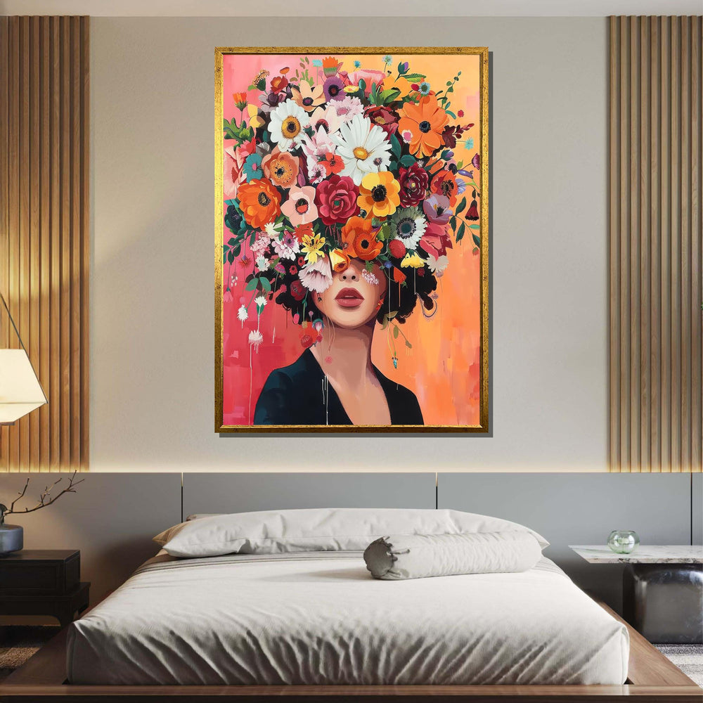 Floral Beauty Portrait, Colorful Flower Crown Wall Art, Flower Wall Art, Modern Abstract Canvas, Vibrant Home Decor, Ready to Hang Artwork