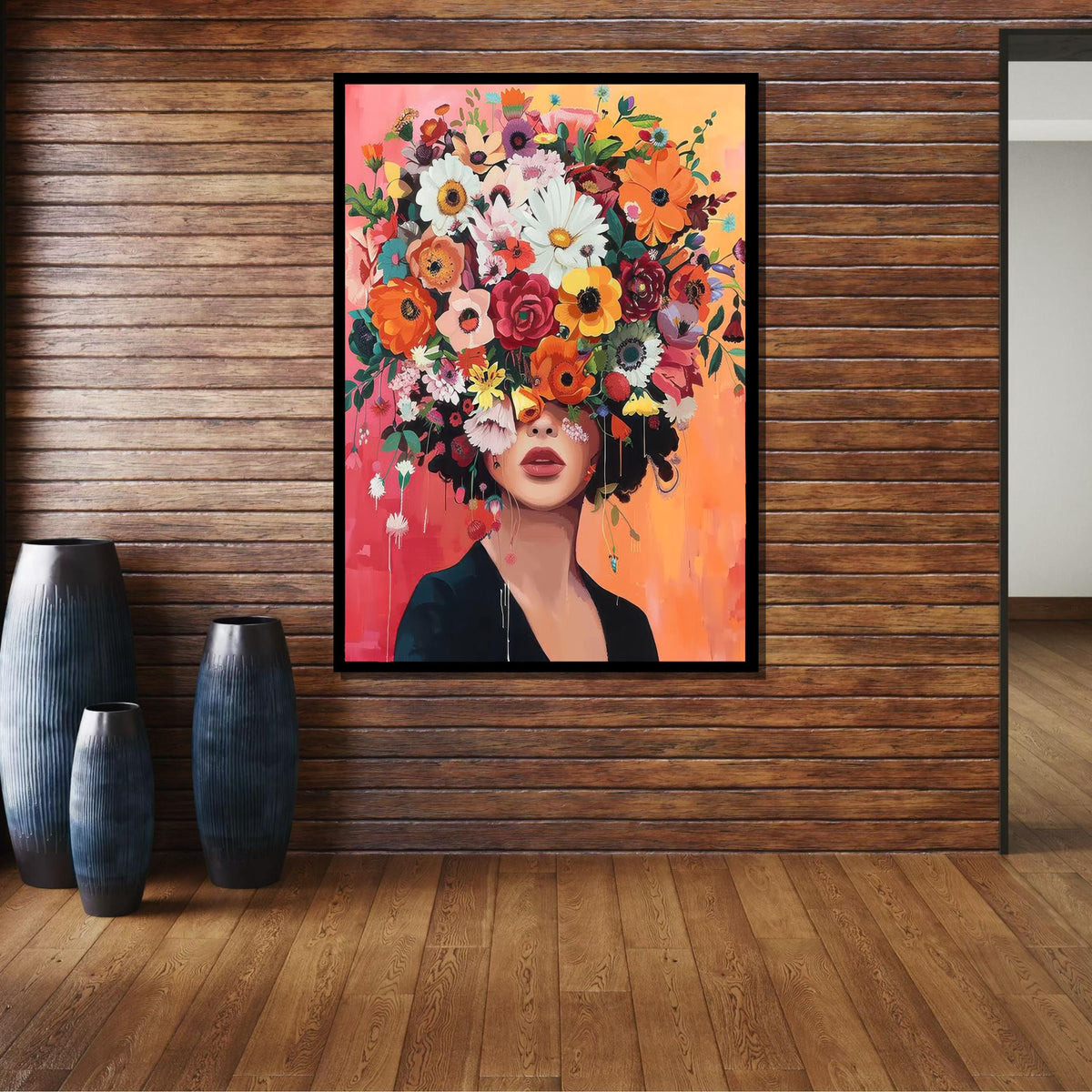 Floral Beauty Portrait, Colorful Flower Crown Wall Art, Flower Wall Art, Modern Abstract Canvas, Vibrant Home Decor, Ready to Hang Artwork