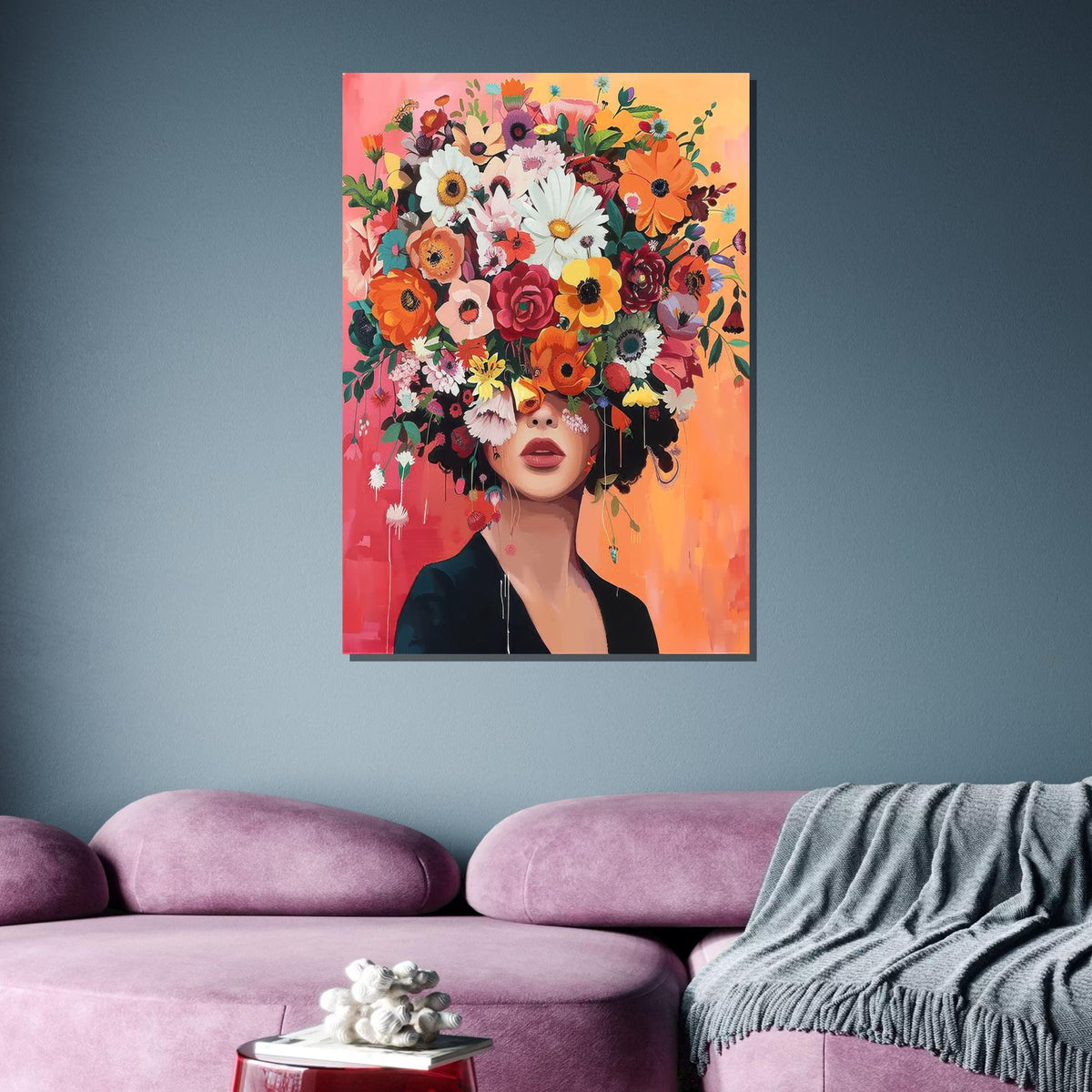 Floral Beauty Portrait, Colorful Flower Crown Wall Art, Flower Wall Art, Modern Abstract Canvas, Vibrant Home Decor, Ready to Hang Artwork