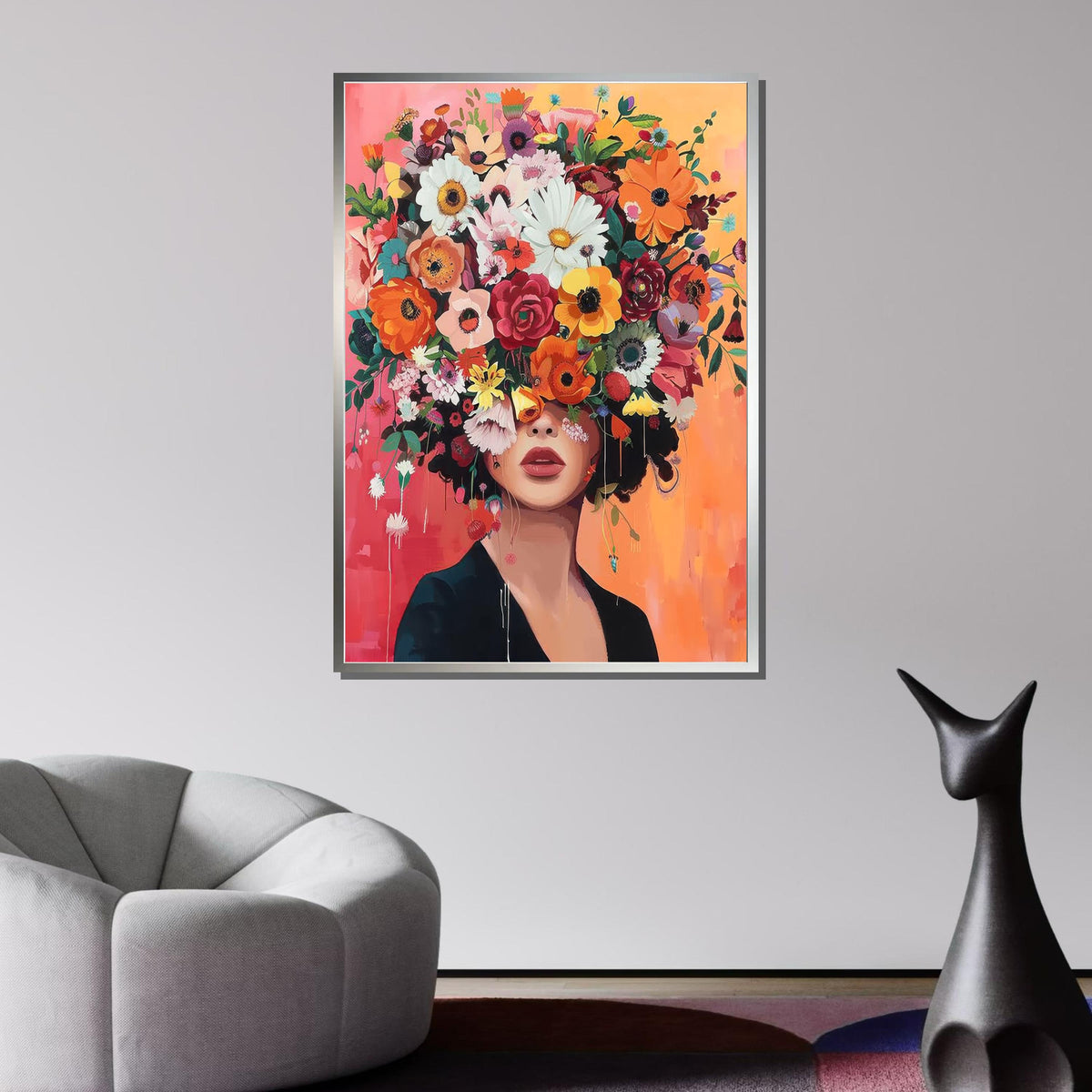 Floral Beauty Portrait, Colorful Flower Crown Wall Art, Flower Wall Art, Modern Abstract Canvas, Vibrant Home Decor, Ready to Hang Artwork