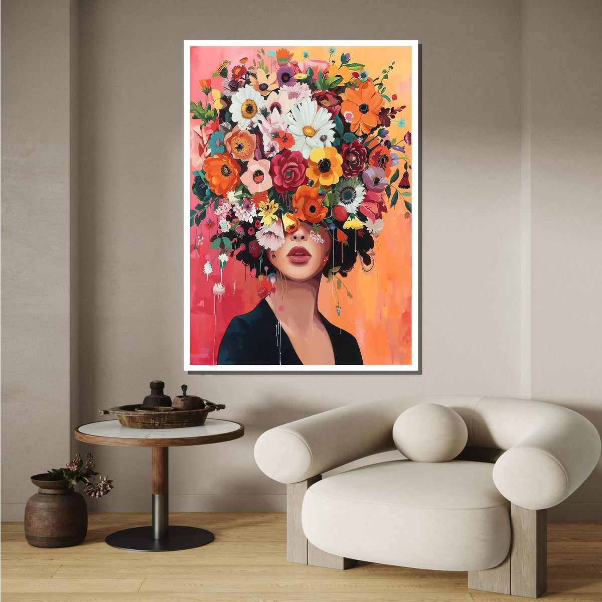 Floral Beauty Portrait, Colorful Flower Crown Wall Art, Flower Wall Art, Modern Abstract Canvas, Vibrant Home Decor, Ready to Hang Artwork