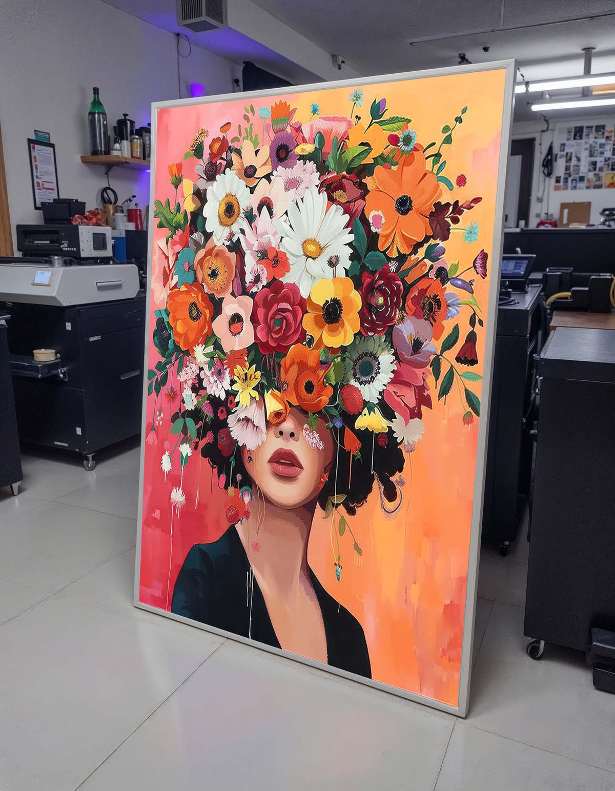Floral Beauty Portrait, Colorful Flower Crown Wall Art, Flower Wall Art, Modern Abstract Canvas, Vibrant Home Decor, Ready to Hang Artwork