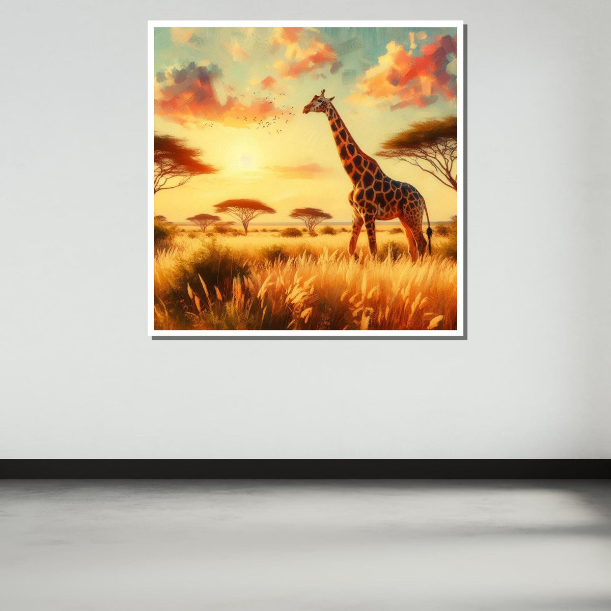 Golden Savannah Giraffe Art, Safari Sunset Canvas, African Landscape Wall Art, Wildlife Painting Print, Nature Decor, Large Wall Art
