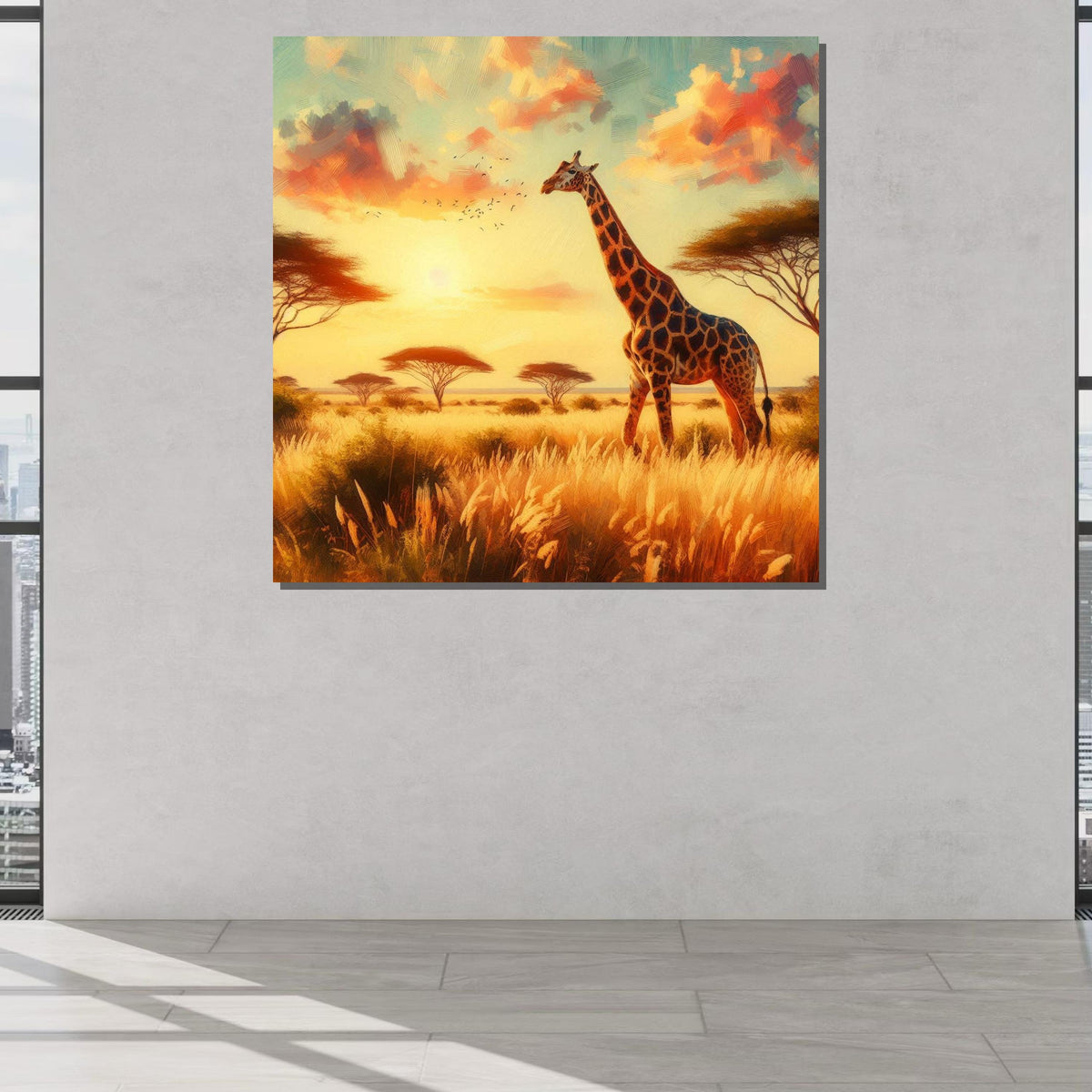 Golden Savannah Giraffe Art, Safari Sunset Canvas, African Landscape Wall Art, Wildlife Painting Print, Nature Decor, Large Wall Art