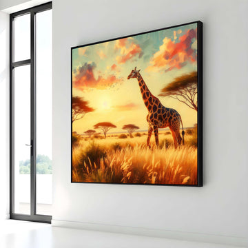 Golden Savannah Giraffe Art, Safari Sunset Canvas, African Landscape Wall Art, Wildlife Painting Print, Nature Decor, Large Wall Art