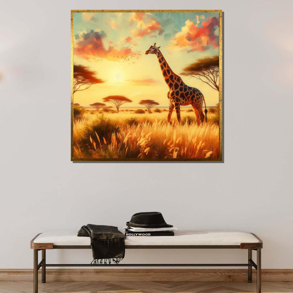 Golden Savannah Giraffe Art, Safari Sunset Canvas, African Landscape Wall Art, Wildlife Painting Print, Nature Decor, Large Wall Art