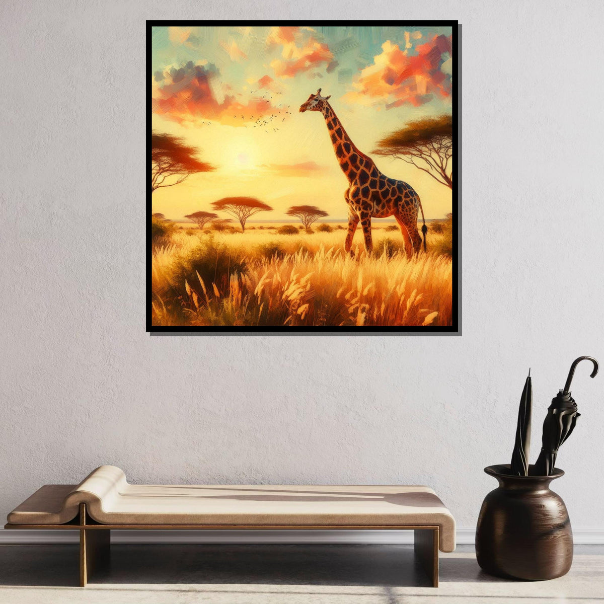 Golden Savannah Giraffe Art, Safari Sunset Canvas, African Landscape Wall Art, Wildlife Painting Print, Nature Decor, Large Wall Art