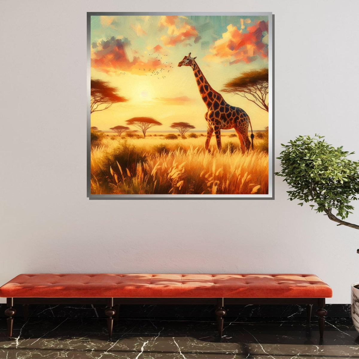 Golden Savannah Giraffe Art, Safari Sunset Canvas, African Landscape Wall Art, Wildlife Painting Print, Nature Decor, Large Wall Art