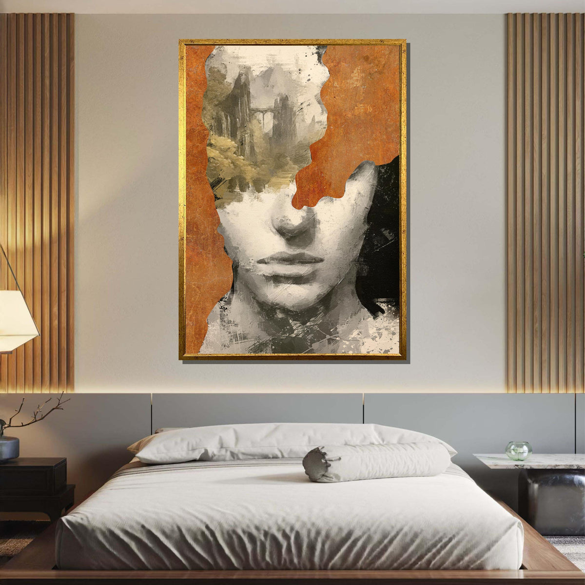 Abstract Landscape Portrait Canvas, Modern Face Art with Nature, Abstract Minimalist Wall Decor, Rustic Monochrome Art, Ready to Hang Canvas