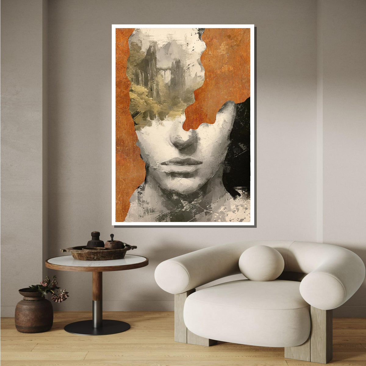Abstract Landscape Portrait Canvas, Modern Face Art with Nature, Abstract Minimalist Wall Decor, Rustic Monochrome Art, Ready to Hang Canvas