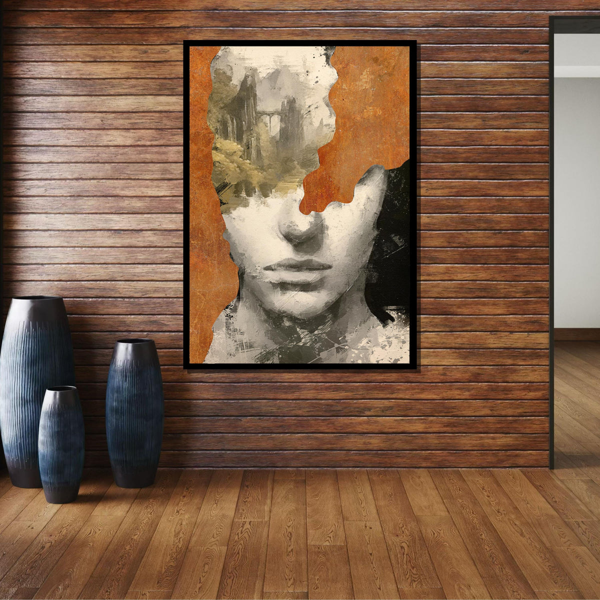 Abstract Landscape Portrait Canvas, Modern Face Art with Nature, Abstract Minimalist Wall Decor, Rustic Monochrome Art, Ready to Hang Canvas