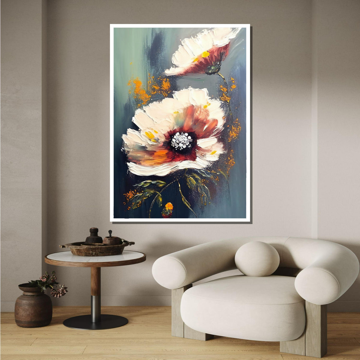 Beige Floral Canvas Art, Neutral Flower Painting, Elegant Wall Decor, Botanical Artwork,Wall Art, Pastel Flower Artwork,Ready to Hang Canvas