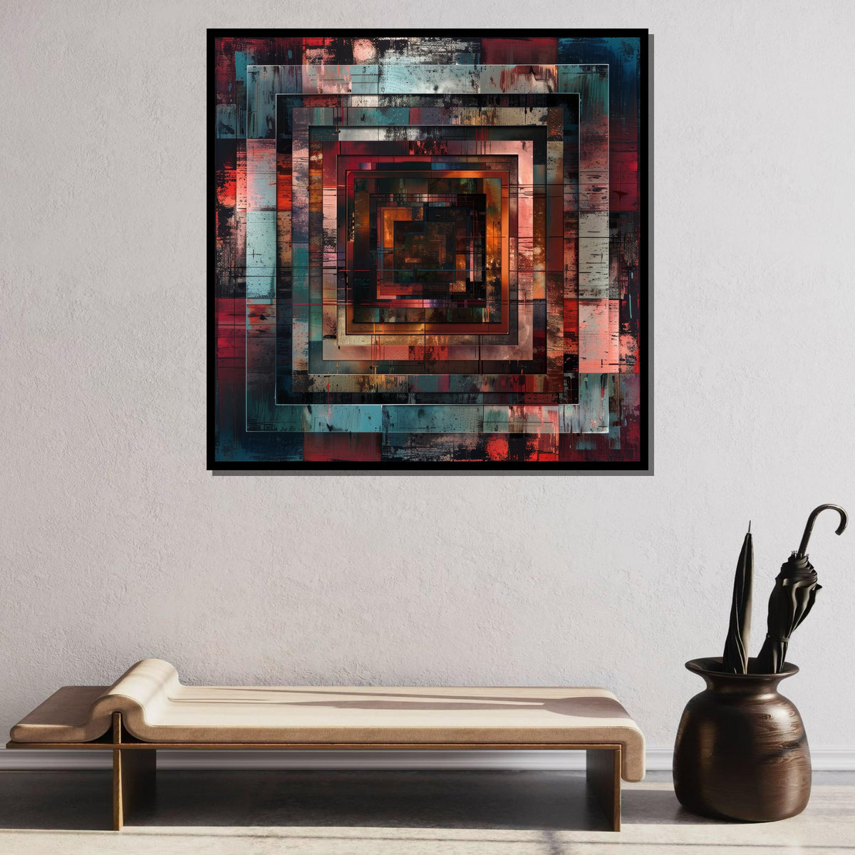 Geometric Abstract Canvas, Industrial Square Art, Modern Wall Decor, Rust and Teal Art Print, Urban Geometry Canvas, Large Art