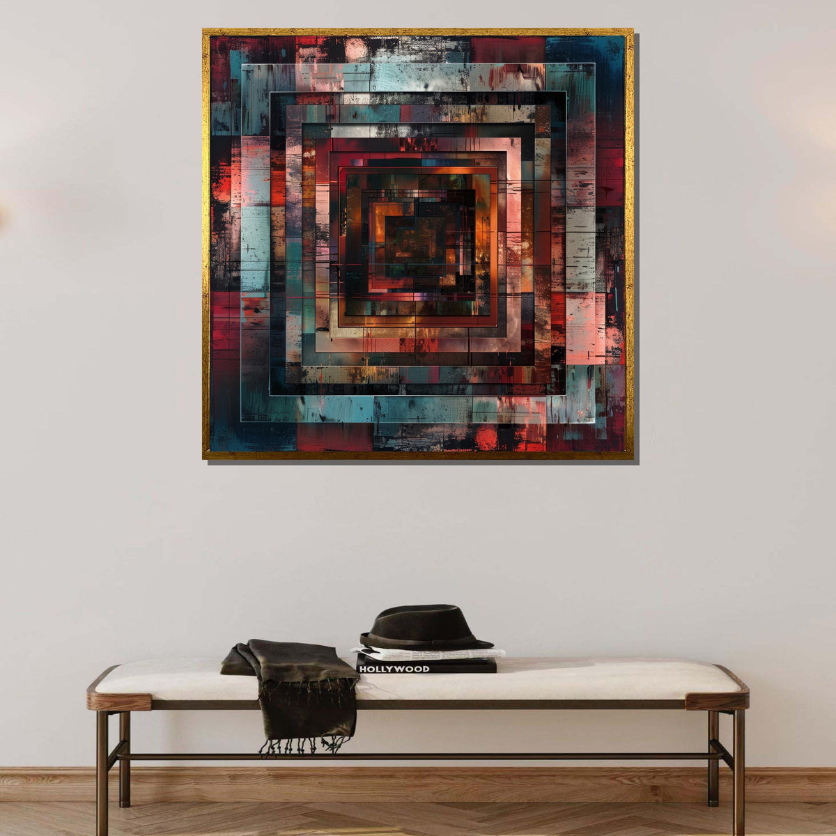 Geometric Abstract Canvas, Industrial Square Art, Modern Wall Decor, Rust and Teal Art Print, Urban Geometry Canvas, Large Art