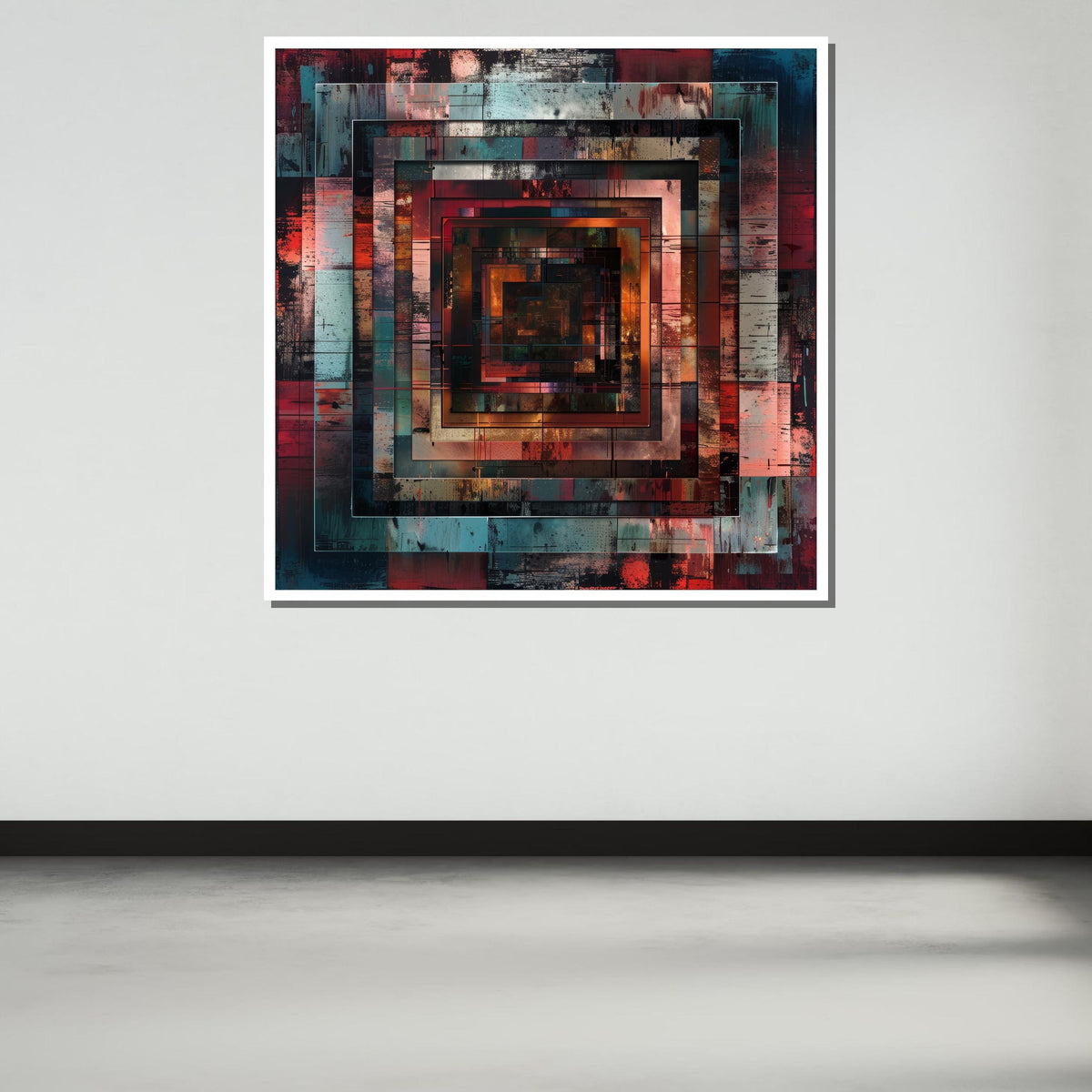 Geometric Abstract Canvas, Industrial Square Art, Modern Wall Decor, Rust and Teal Art Print, Urban Geometry Canvas, Large Art