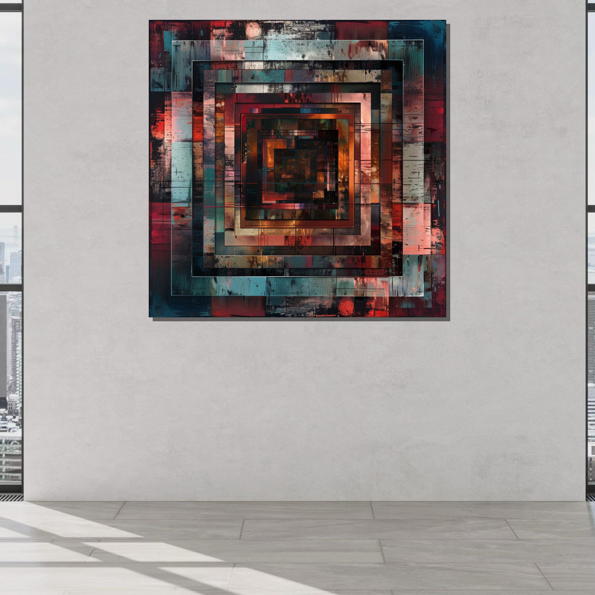 Geometric Abstract Canvas, Industrial Square Art, Modern Wall Decor, Rust and Teal Art Print, Urban Geometry Canvas, Large Art