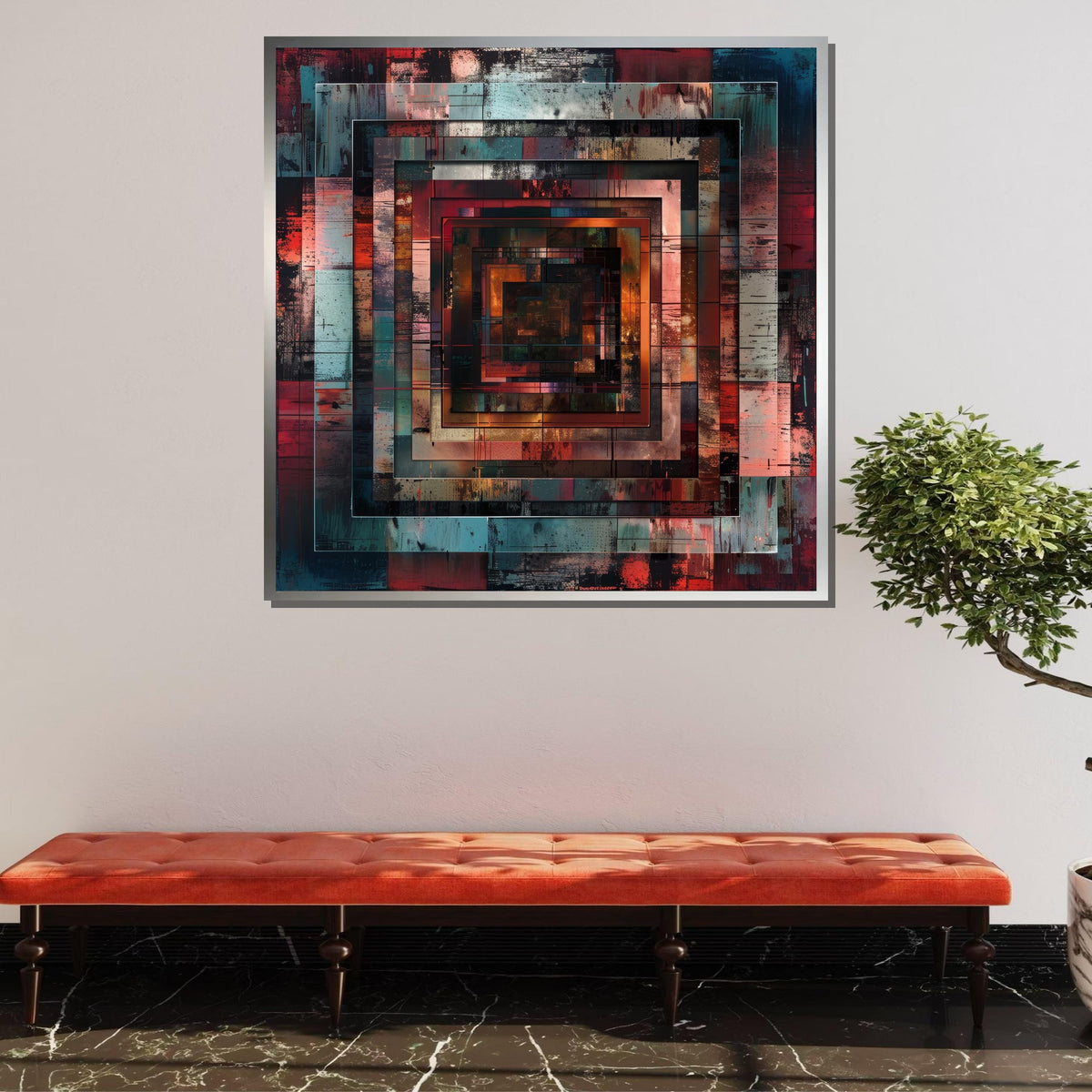 Geometric Abstract Canvas, Industrial Square Art, Modern Wall Decor, Rust and Teal Art Print, Urban Geometry Canvas, Large Art
