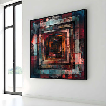 Geometric Abstract Canvas, Industrial Square Art, Modern Wall Decor, Rust and Teal Art Print, Urban Geometry Canvas, Large Art