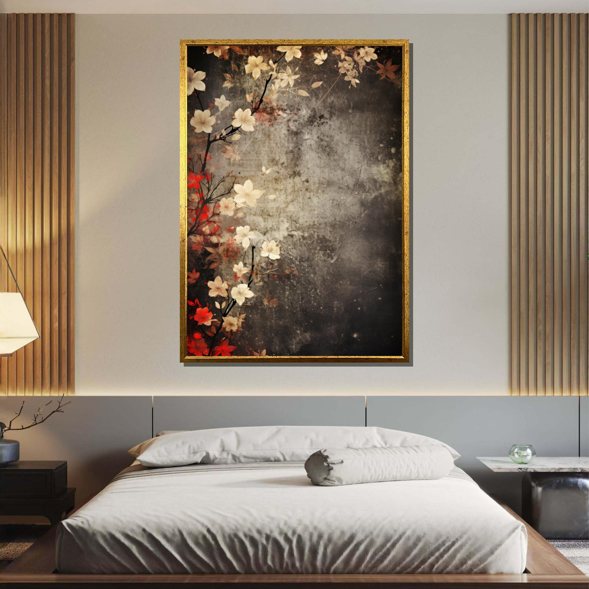 Vintage Floral Canvas Art, Flower Canvas Art,Rustic Blossom Wall Decor, Japanese Flower Art Print, Antique Botanical Art, Dark Floral Canvas