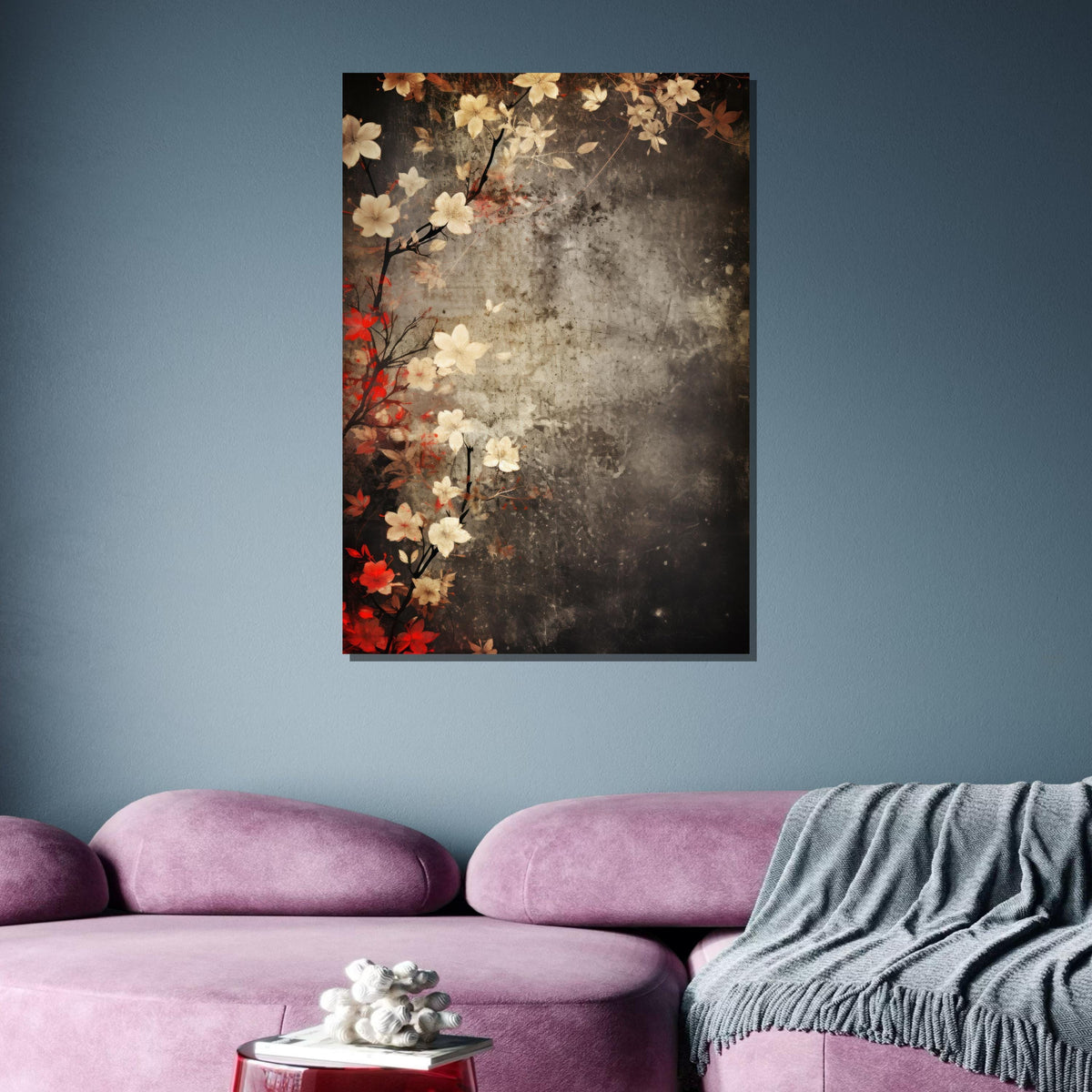 Vintage Floral Canvas Art, Flower Canvas Art,Rustic Blossom Wall Decor, Japanese Flower Art Print, Antique Botanical Art, Dark Floral Canvas