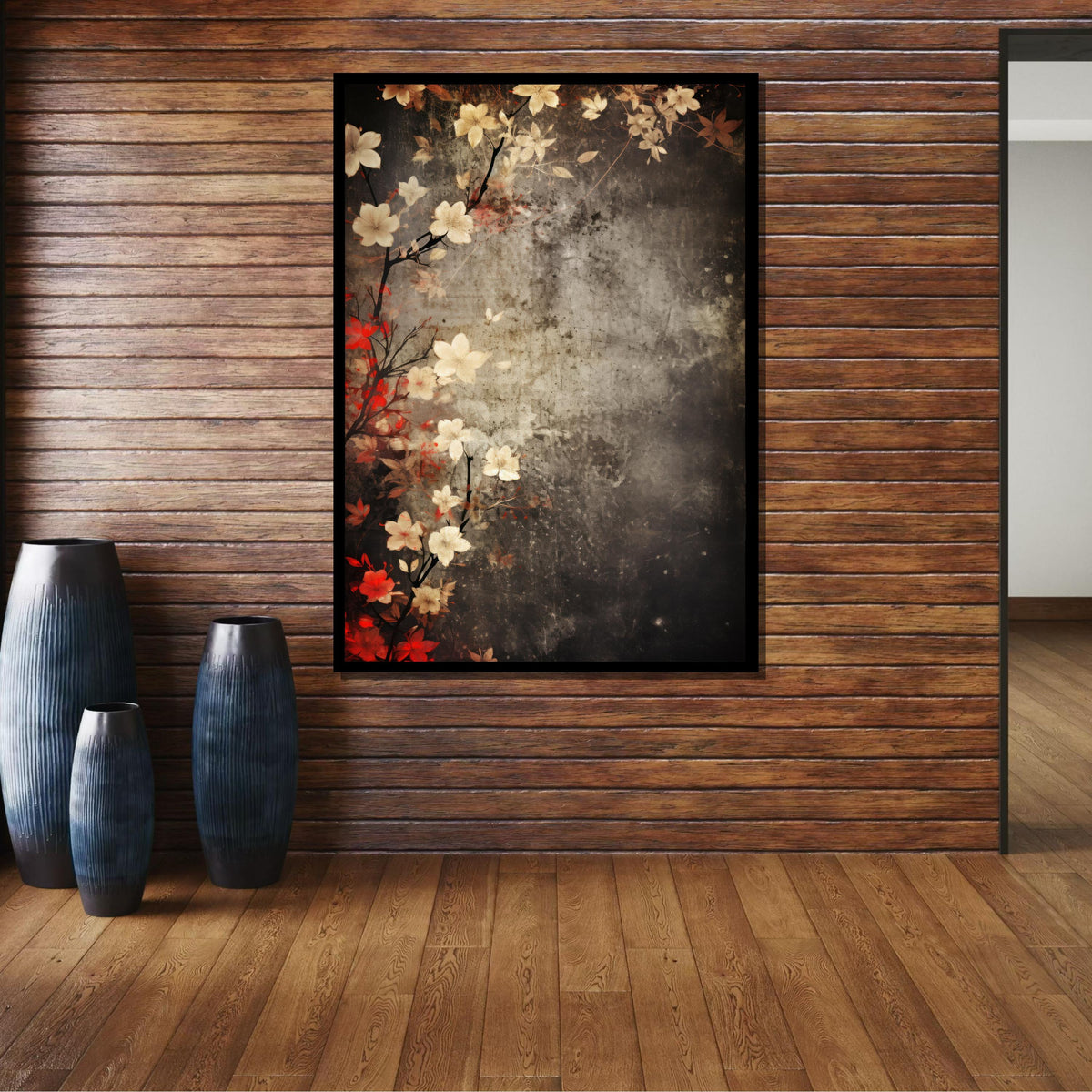 Vintage Floral Canvas Art, Flower Canvas Art,Rustic Blossom Wall Decor, Japanese Flower Art Print, Antique Botanical Art, Dark Floral Canvas