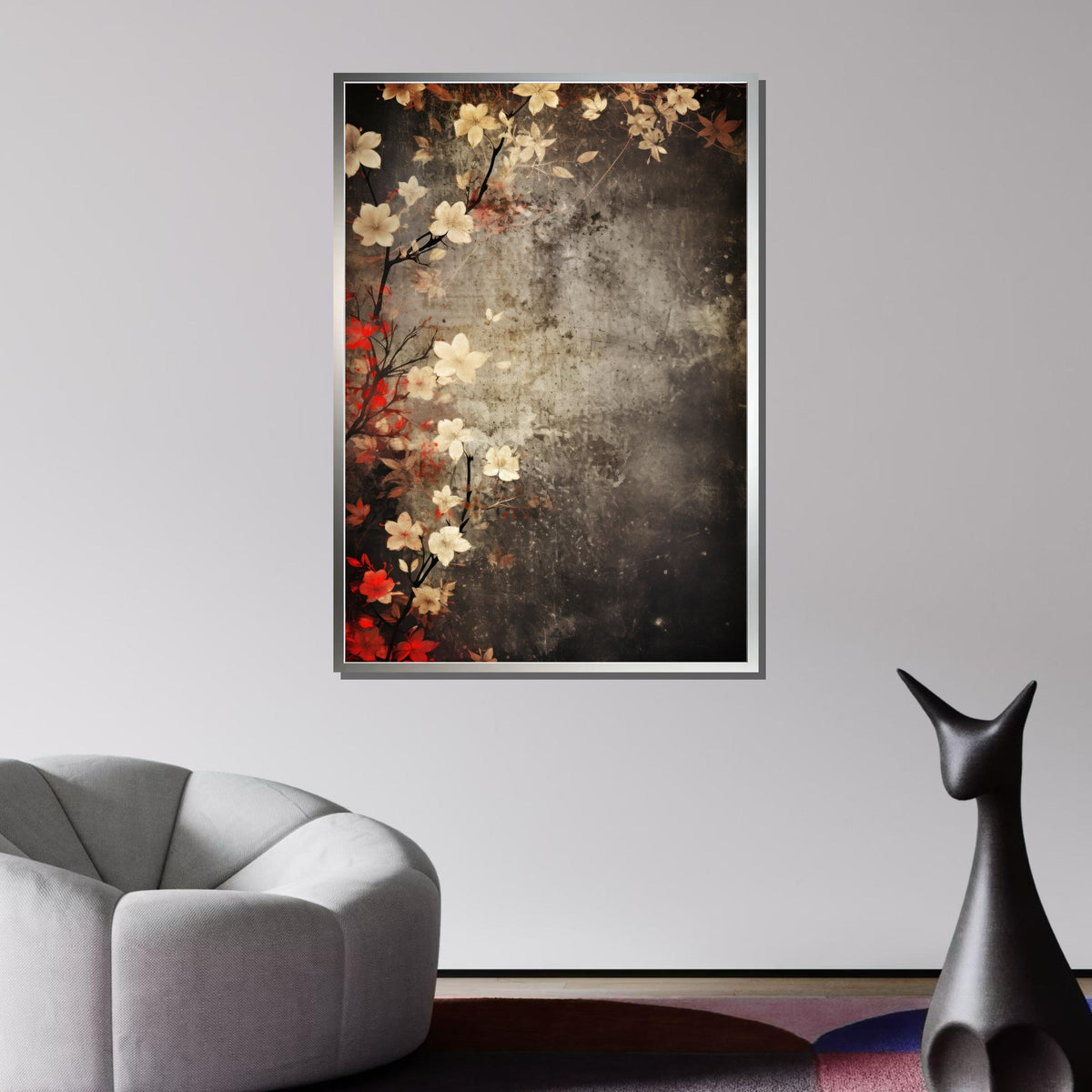 Vintage Floral Canvas Art, Flower Canvas Art,Rustic Blossom Wall Decor, Japanese Flower Art Print, Antique Botanical Art, Dark Floral Canvas