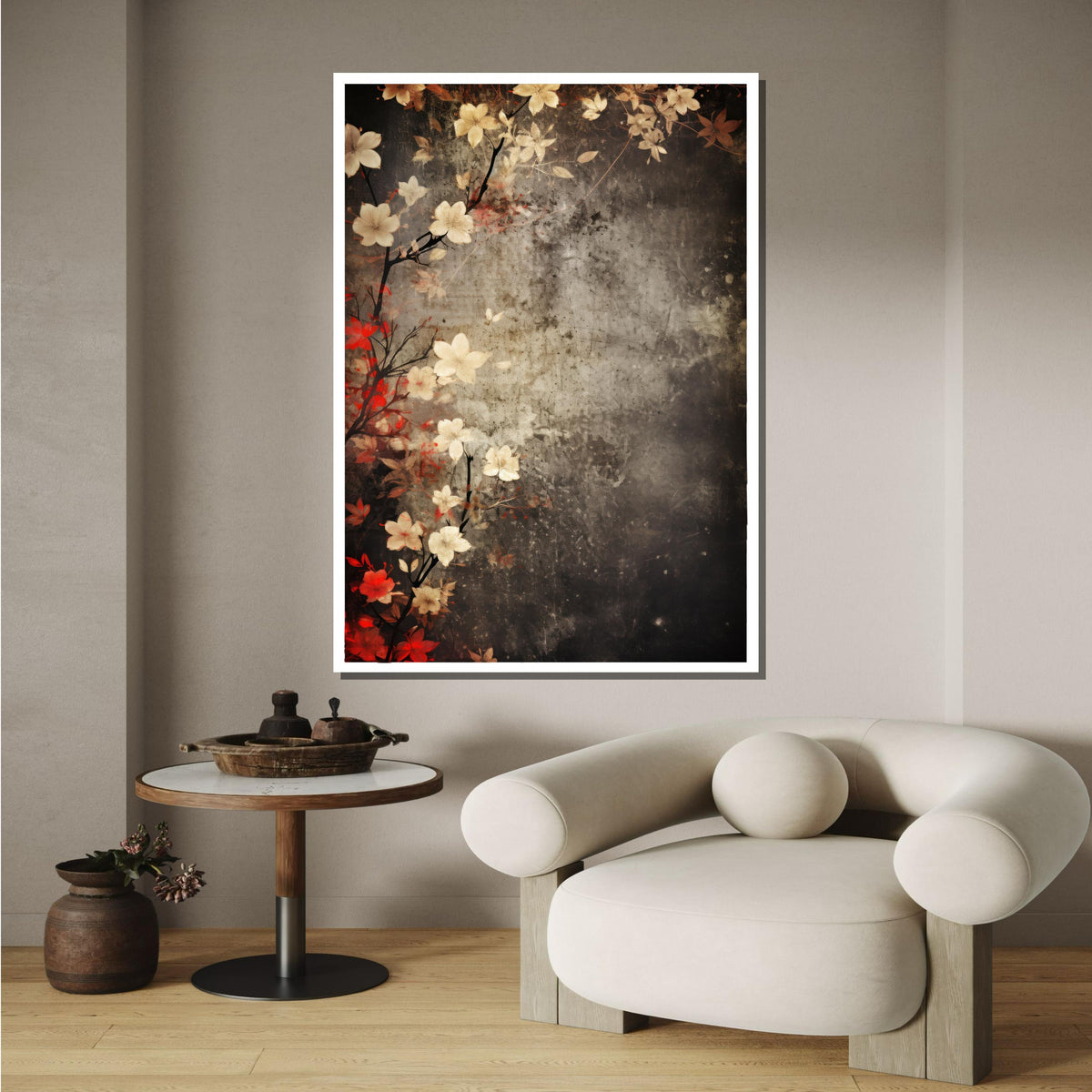 Vintage Floral Canvas Art, Flower Canvas Art,Rustic Blossom Wall Decor, Japanese Flower Art Print, Antique Botanical Art, Dark Floral Canvas