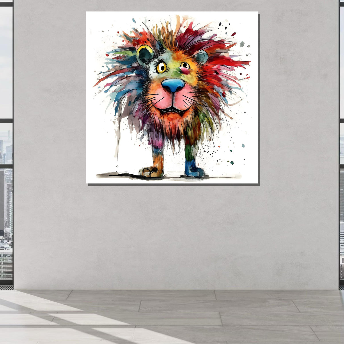 Colorful Lion Canvas Art, Whimsical Lion Painting, Fun Animal Wall Art, Watercolor Lion Decor, Vibrant Safari Wall Print, Large Wall Art