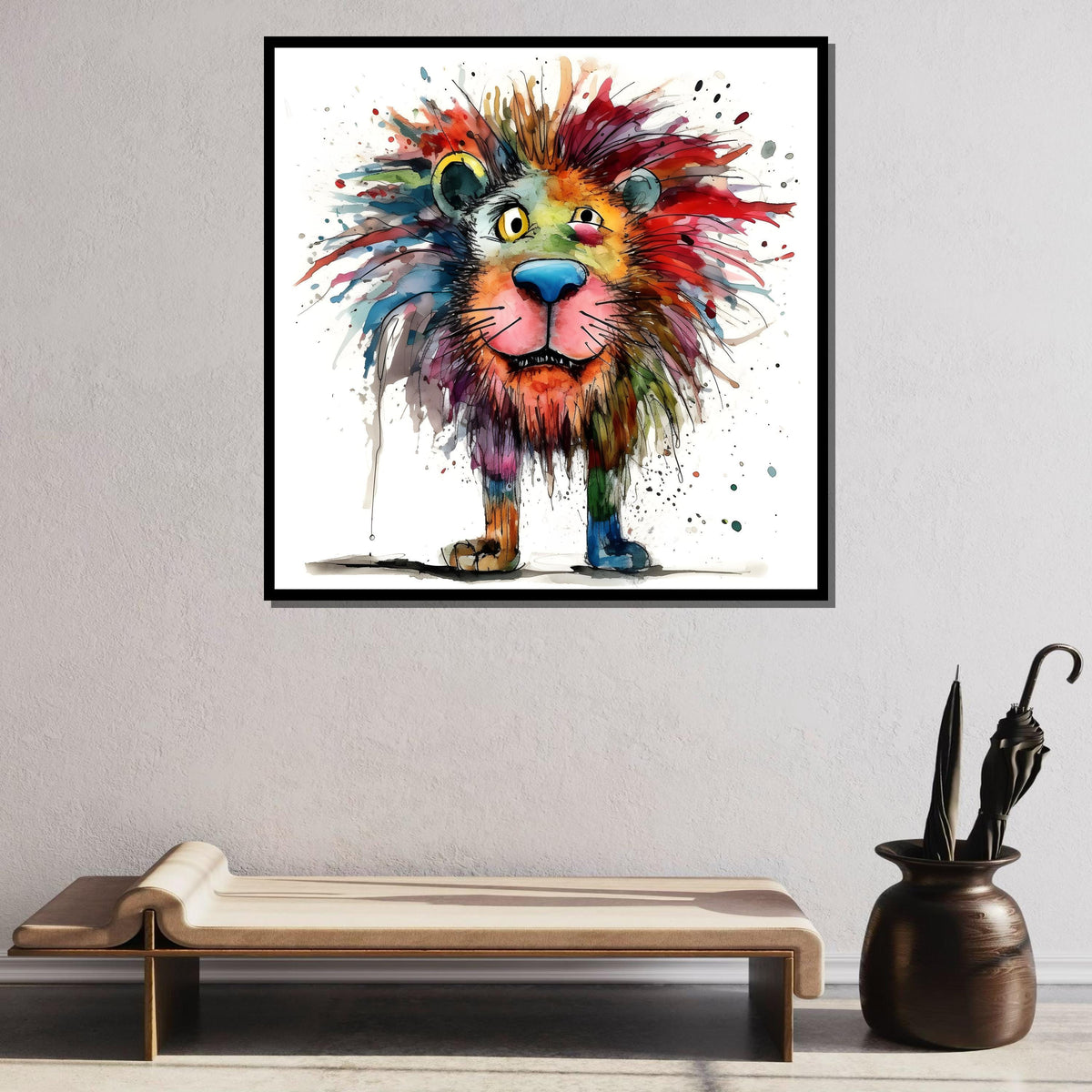 Colorful Lion Canvas Art, Whimsical Lion Painting, Fun Animal Wall Art, Watercolor Lion Decor, Vibrant Safari Wall Print, Large Wall Art