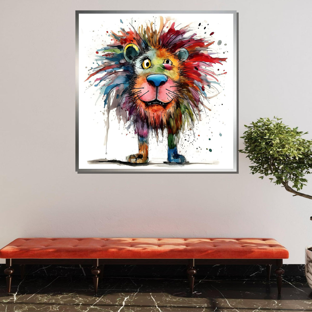 Colorful Lion Canvas Art, Whimsical Lion Painting, Fun Animal Wall Art, Watercolor Lion Decor, Vibrant Safari Wall Print, Large Wall Art