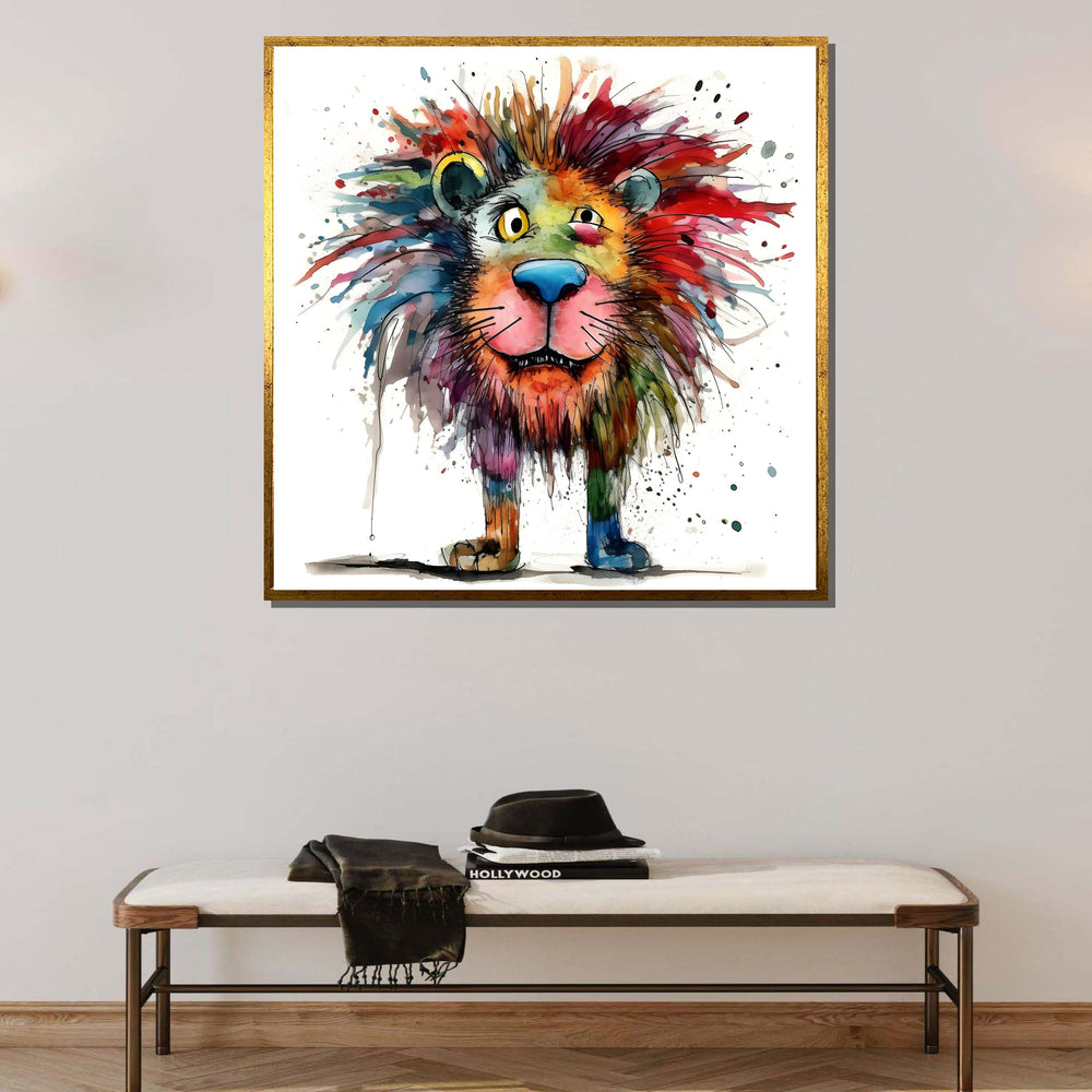 Colorful Lion Canvas Art, Whimsical Lion Painting, Fun Animal Wall Art, Watercolor Lion Decor, Vibrant Safari Wall Print, Large Wall Art