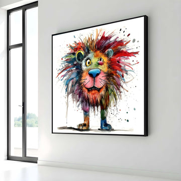 Colorful Lion Canvas Art, Whimsical Lion Painting, Fun Animal Wall Art, Watercolor Lion Decor, Vibrant Safari Wall Print, Large Wall Art