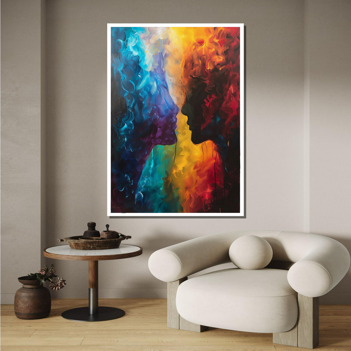 Abstract Lovers Canvas Art, Duality of Colors Wall Decor, Romantic Silhouette Painting, Passionate Couple Art, Colorful Love Art