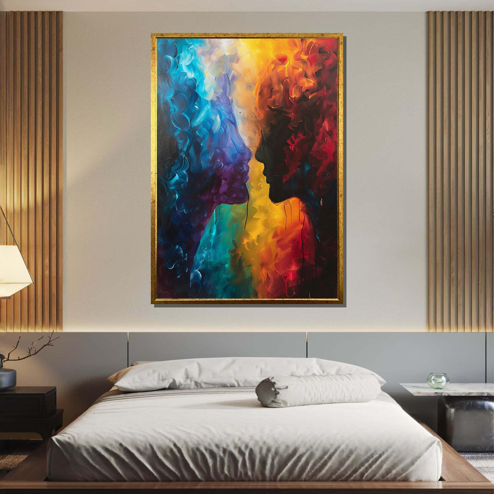 Abstract Lovers Canvas Art, Duality of Colors Wall Decor, Romantic Silhouette Painting, Passionate Couple Art, Colorful Love Art