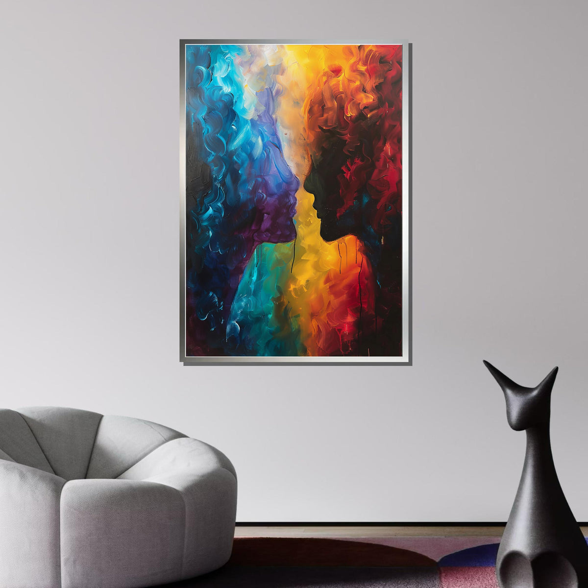 Abstract Lovers Canvas Art, Duality of Colors Wall Decor, Romantic Silhouette Painting, Passionate Couple Art, Colorful Love Art